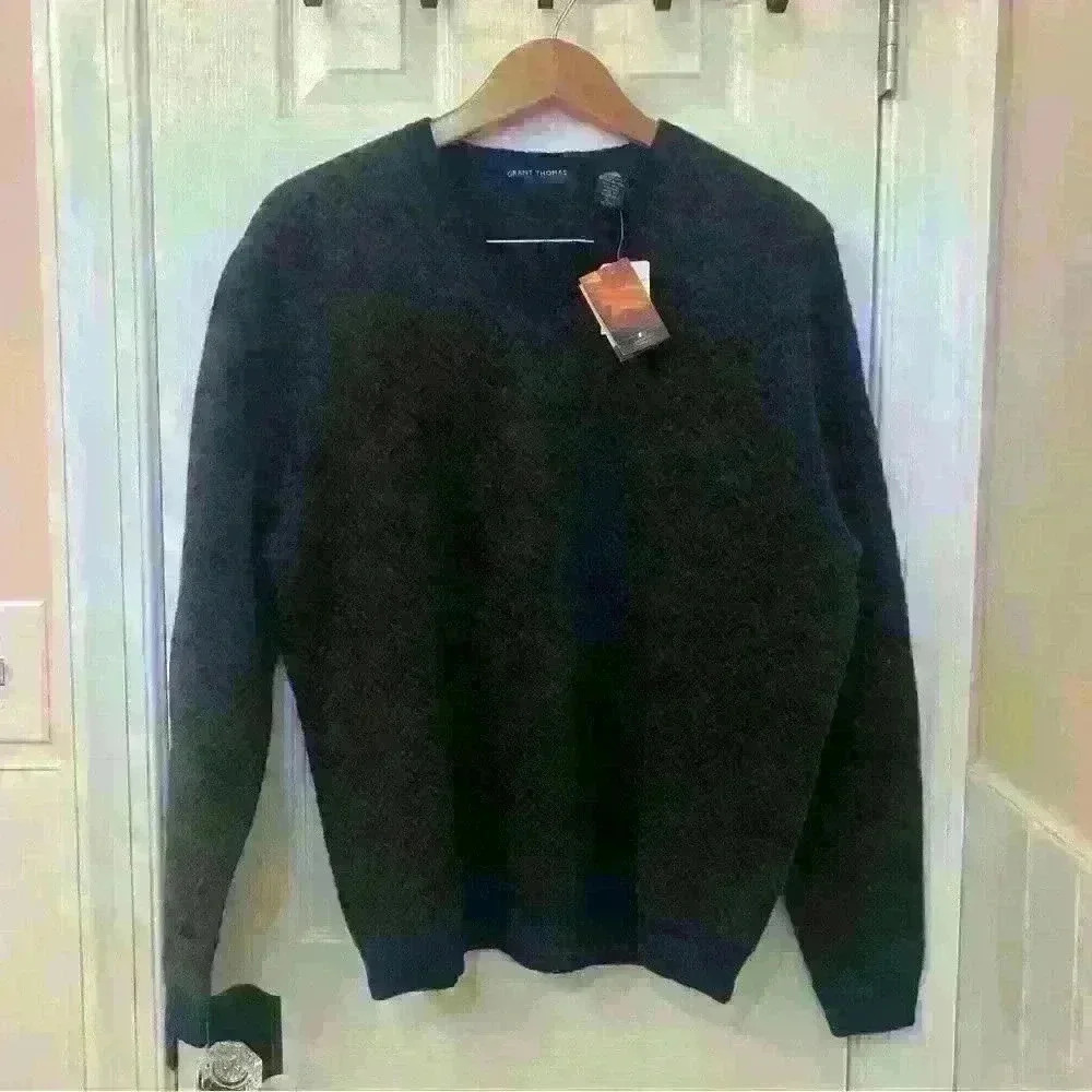 Vintage Grant Thomas 100% Wool Herringbone V-Neck Sweater Size L NWT